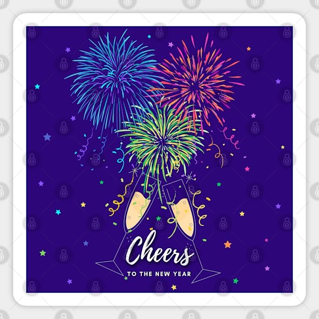 Cheers to the New Year Fireworks, Champagne Flutes and Stars Magnet by Deez Pixel Studio